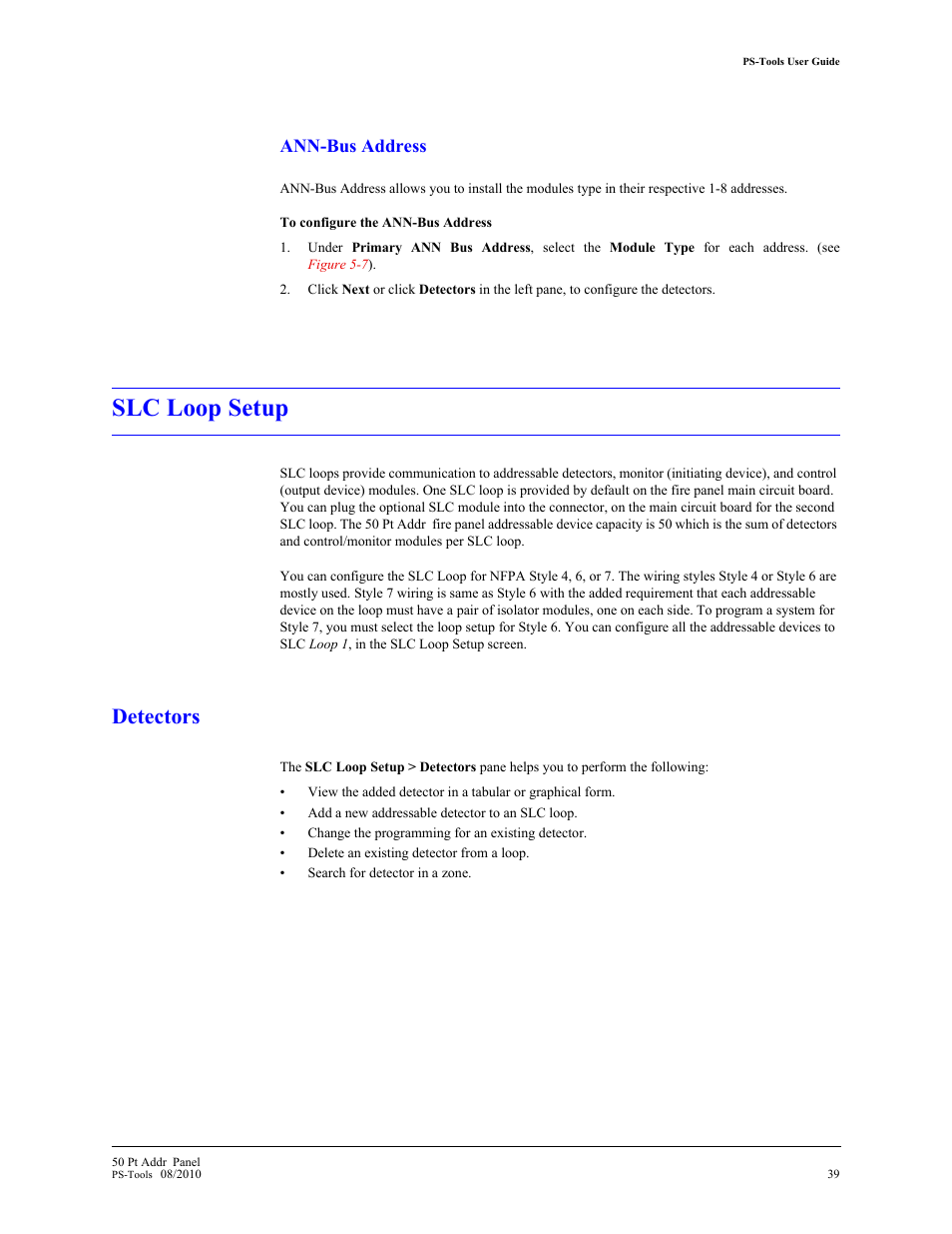 Slc loop setup, Detectors, Ann-bus address | Fire-Lite PS-Tools MS-9050 User Manual | Page 47 / 101