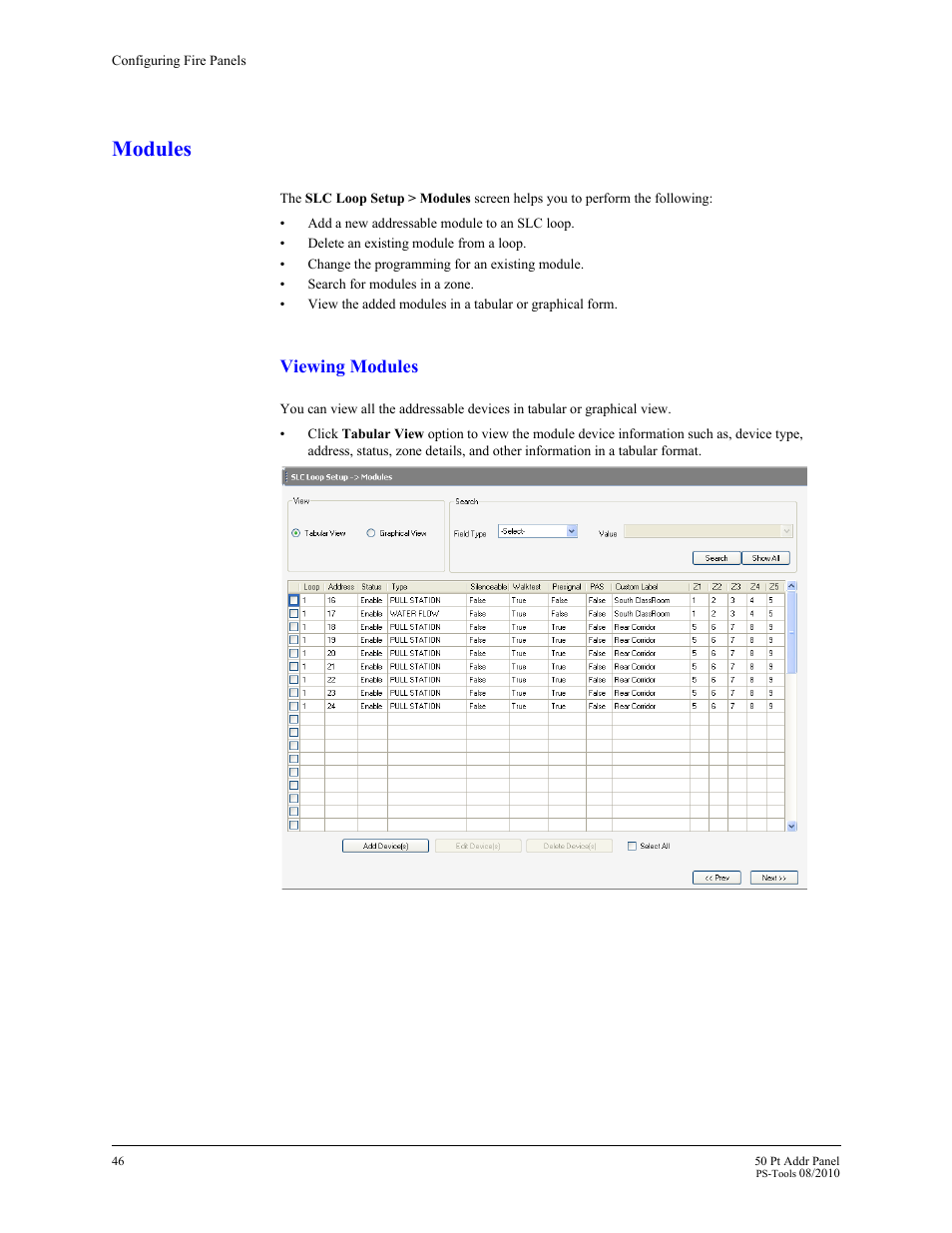Modules, Modules (see, Viewing modules | Fire-Lite PS-Tools MS-9050 User Manual | Page 54 / 101