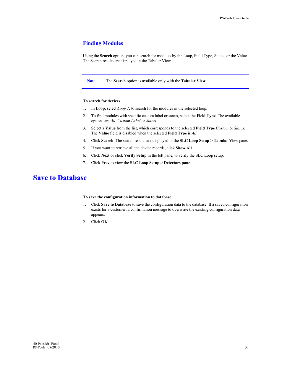 Save to database, Finding modules | Fire-Lite PS-Tools MS-9050 User Manual | Page 59 / 101