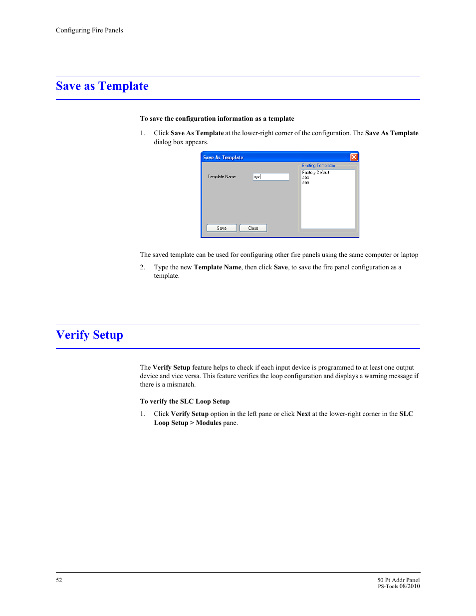 Save as template, Verify setup | Fire-Lite PS-Tools MS-9050 User Manual | Page 60 / 101