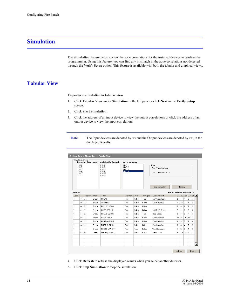 Simulation, Tabular view | Fire-Lite PS-Tools MS-9050 User Manual | Page 62 / 101