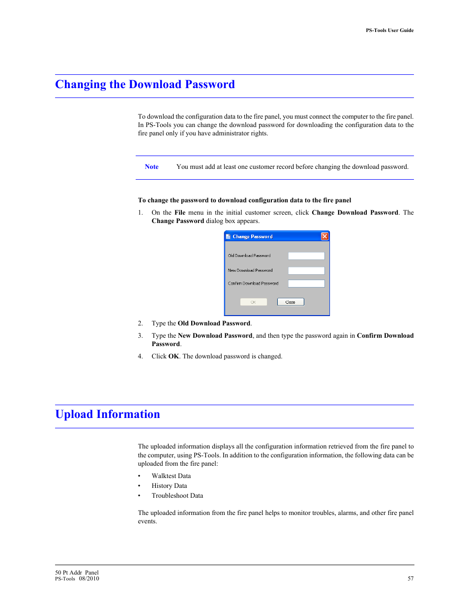Changing the download password, Upload information | Fire-Lite PS-Tools MS-9050 User Manual | Page 65 / 101