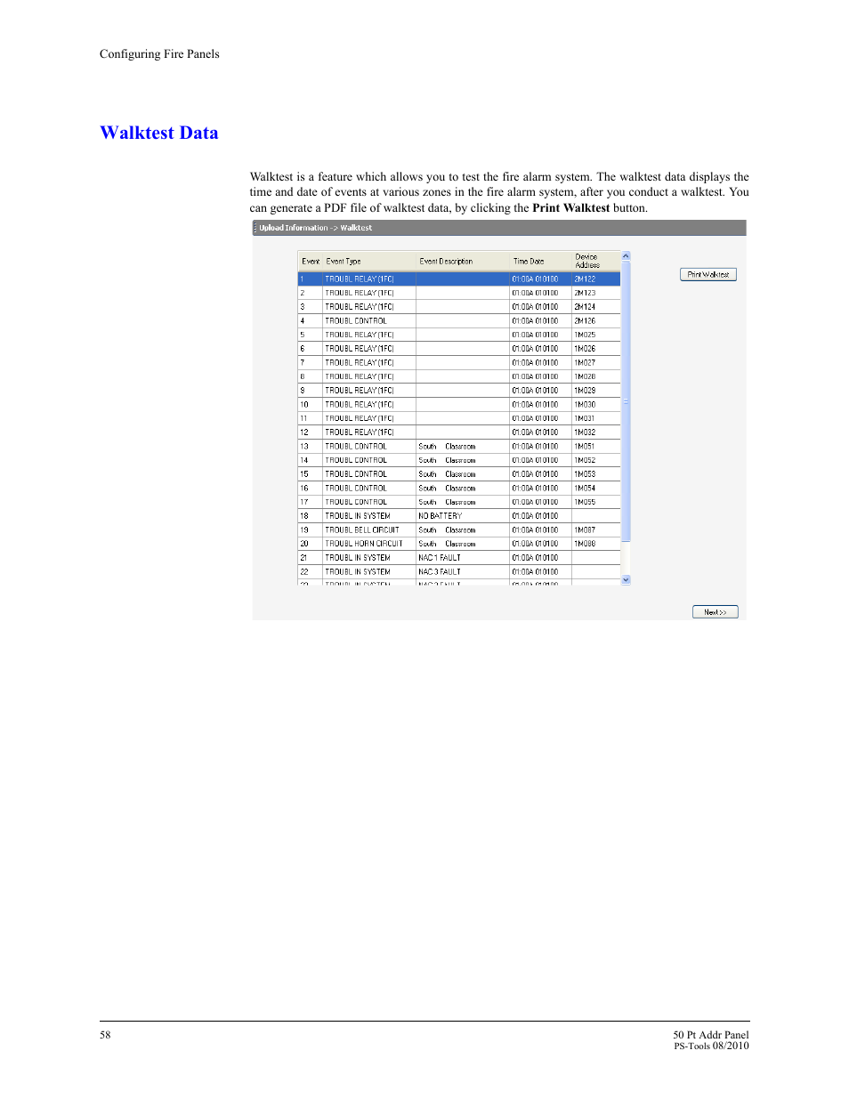 Walktest data | Fire-Lite PS-Tools MS-9050 User Manual | Page 66 / 101