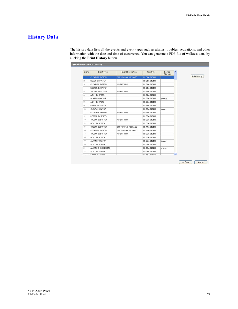 History data | Fire-Lite PS-Tools MS-9050 User Manual | Page 67 / 101