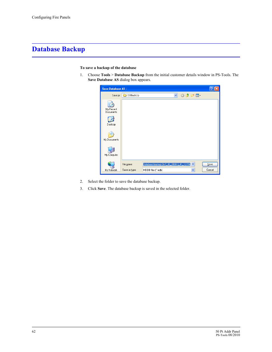 Database backup, 11 database backup | Fire-Lite PS-Tools MS-9050 User Manual | Page 70 / 101