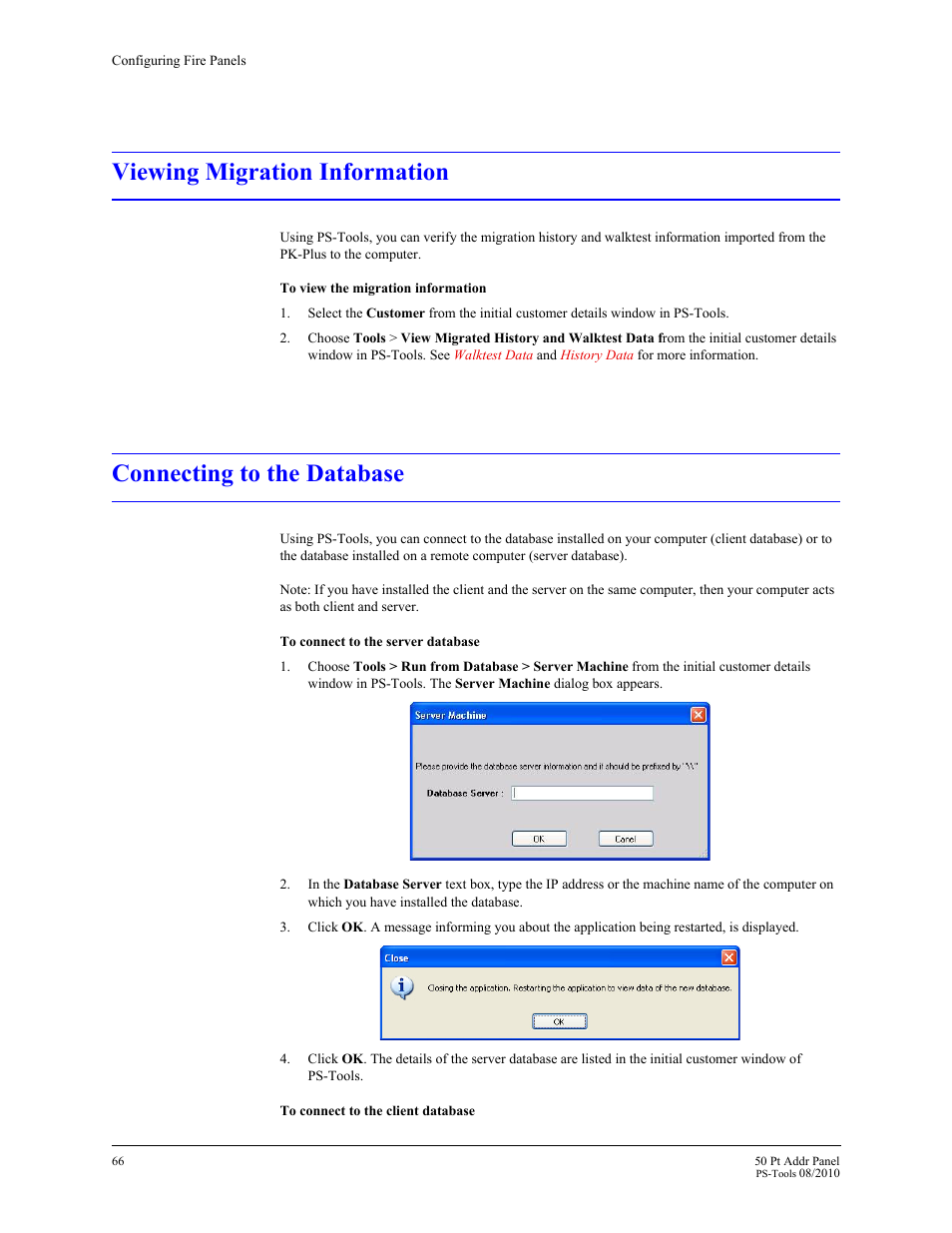 Viewing migration information, Connecting to the database | Fire-Lite PS-Tools MS-9050 User Manual | Page 74 / 101