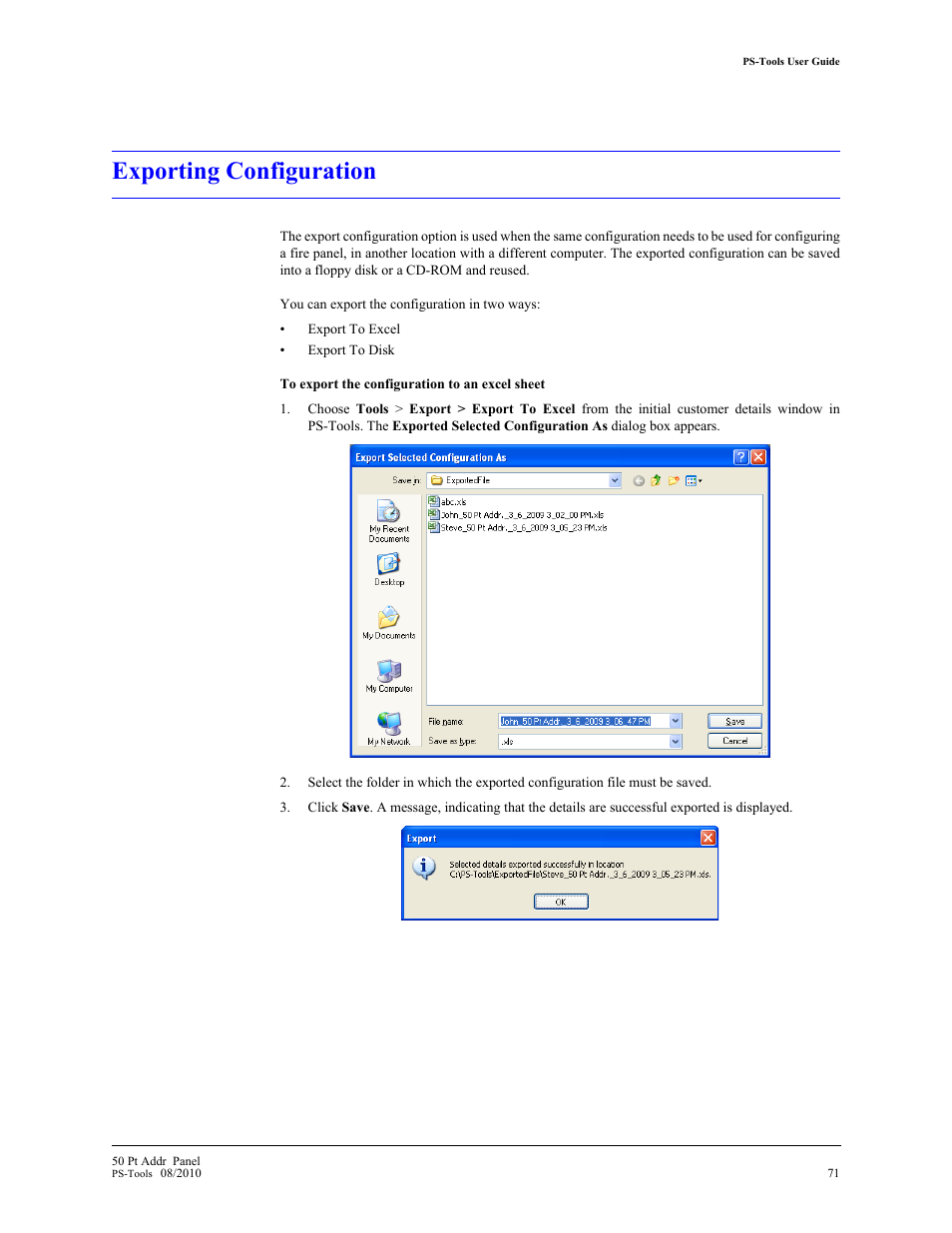 Exporting configuration, 20 exporting configuration | Fire-Lite PS-Tools MS-9050 User Manual | Page 79 / 101