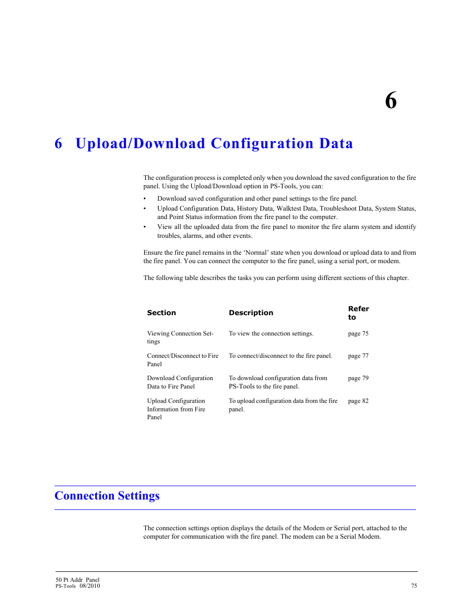 6 upload/download configuration data, Connection settings, Upload/download configuration data | Fire-Lite PS-Tools MS-9050 User Manual | Page 81 / 101