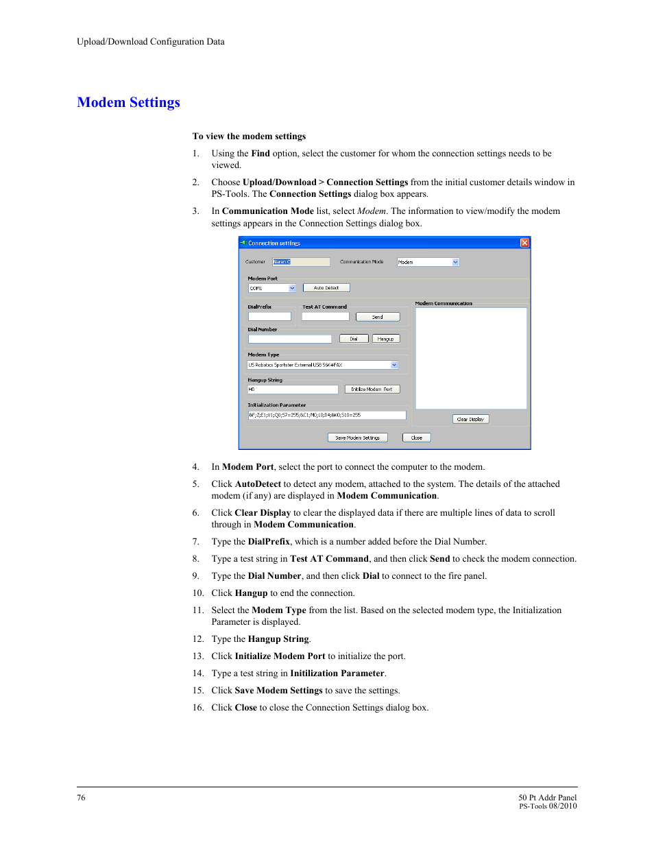 Modem settings | Fire-Lite PS-Tools MS-9050 User Manual | Page 82 / 101