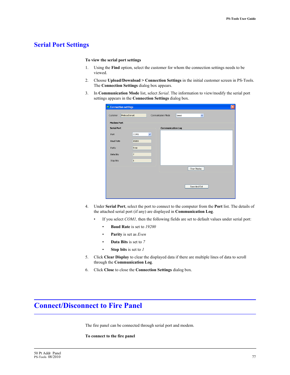 Serial port settings, Connect/disconnect to fire panel | Fire-Lite PS-Tools MS-9050 User Manual | Page 83 / 101