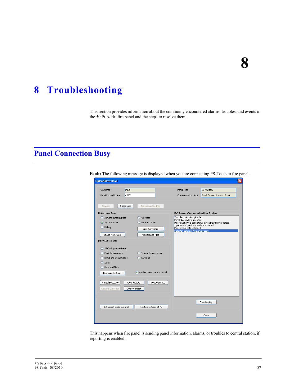 8 troubleshooting, Panel connection busy, Troubleshooting | Fire-Lite PS-Tools MS-9050 User Manual | Page 92 / 101