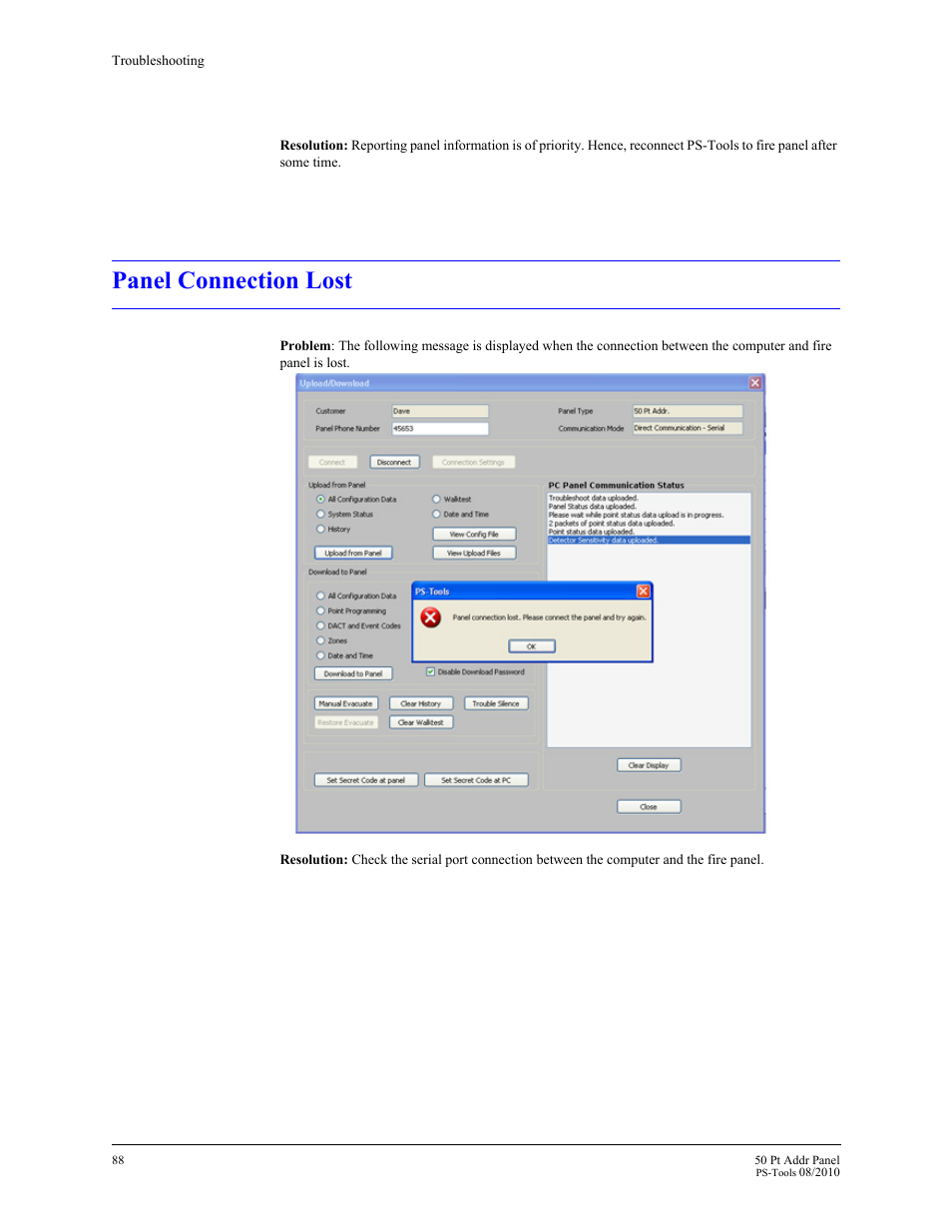 Panel connection lost | Fire-Lite PS-Tools MS-9050 User Manual | Page 93 / 101