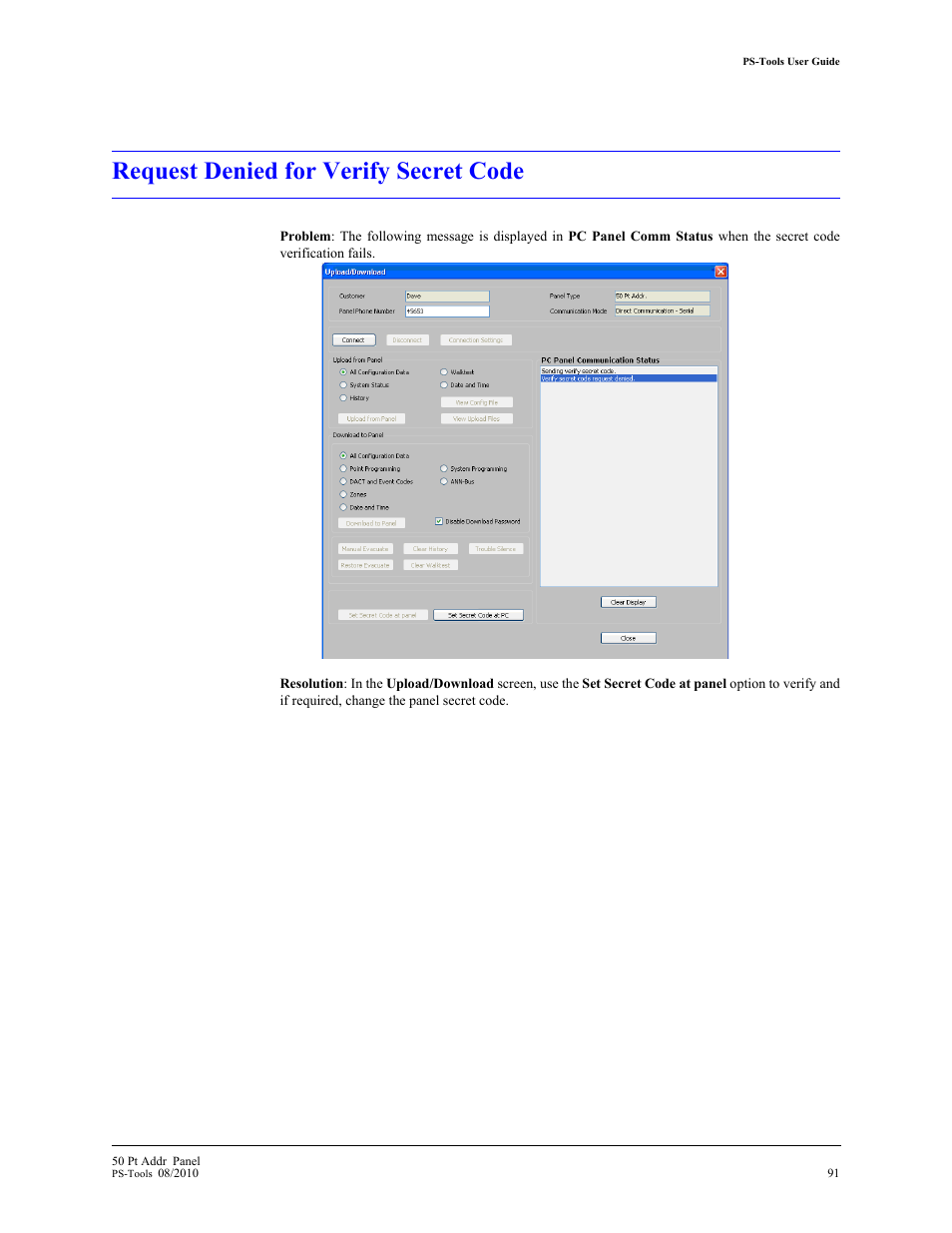 Request denied for verify secret code | Fire-Lite PS-Tools MS-9050 User Manual | Page 96 / 101