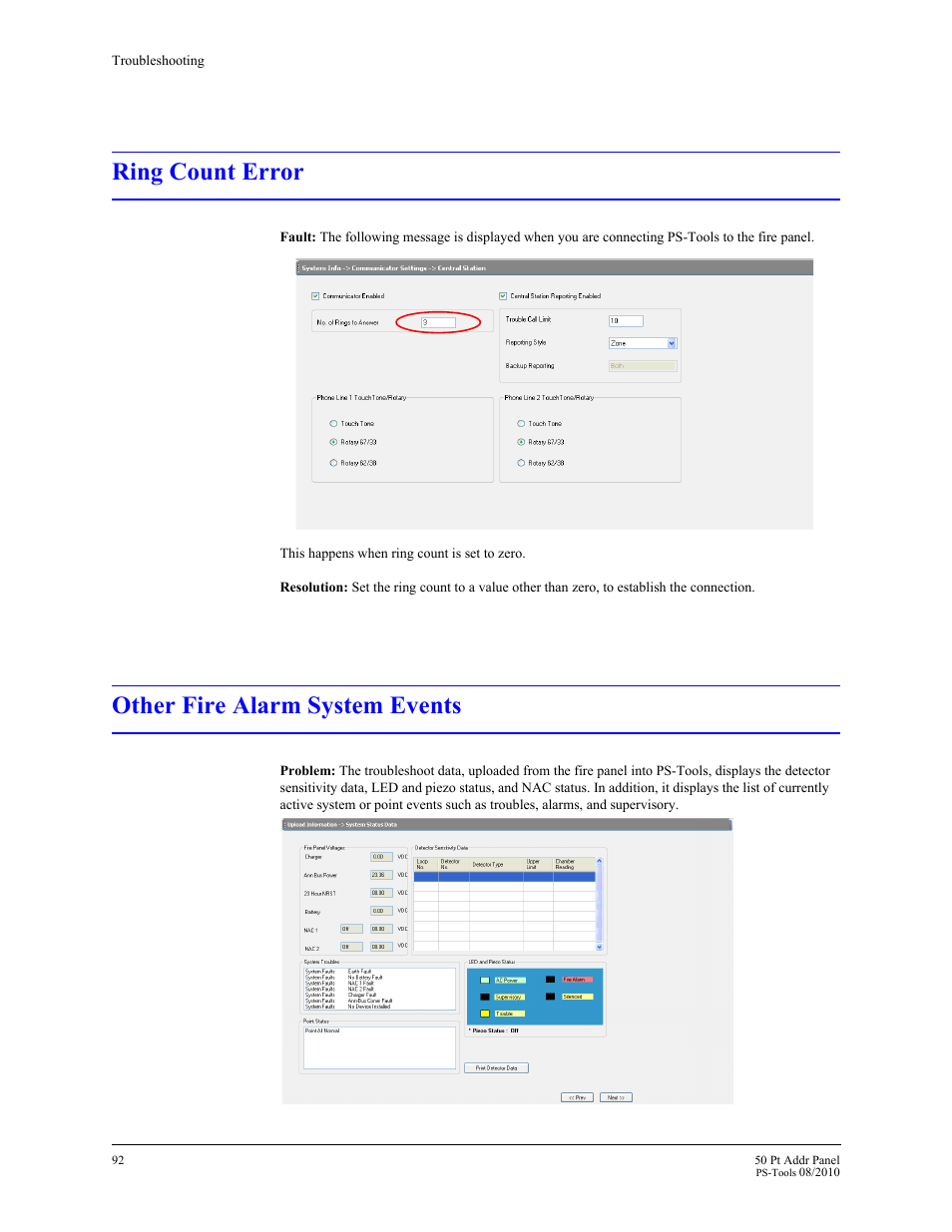 Ring count error, Other fire alarm system events | Fire-Lite PS-Tools MS-9050 User Manual | Page 97 / 101