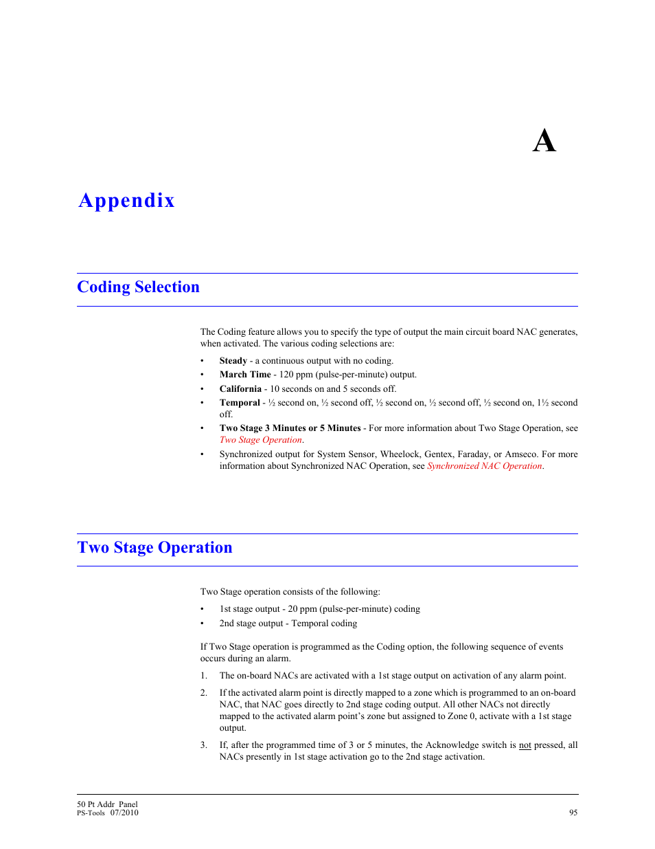 Appendix a, Appendix, Coding selection | Two stage operation | Fire-Lite PS-Tools MS-9050 User Manual | Page 98 / 101