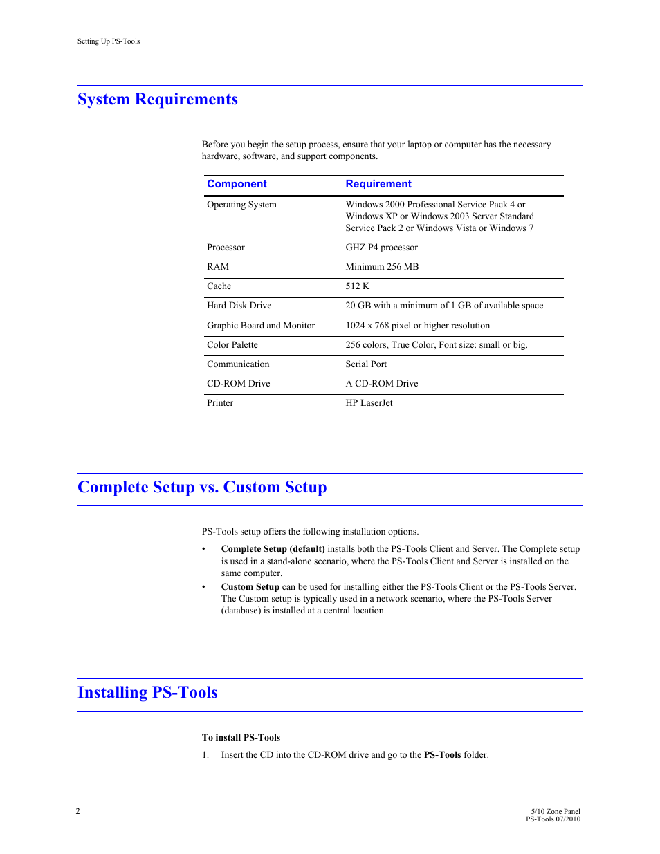 System requirements, Complete setup vs. custom setup, Installing ps-tools | Fire-Lite PS-Tools 5UD/10UD User Manual | Page 12 / 92