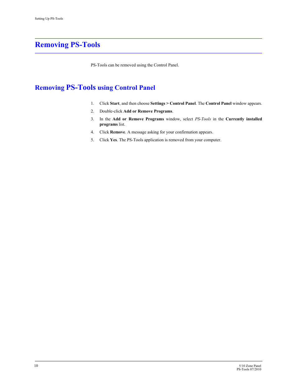 Removing ps-tools, Removing ps-tools using control panel, Ps-tools | Removing, Using control panel | Fire-Lite PS-Tools 5UD/10UD User Manual | Page 20 / 92