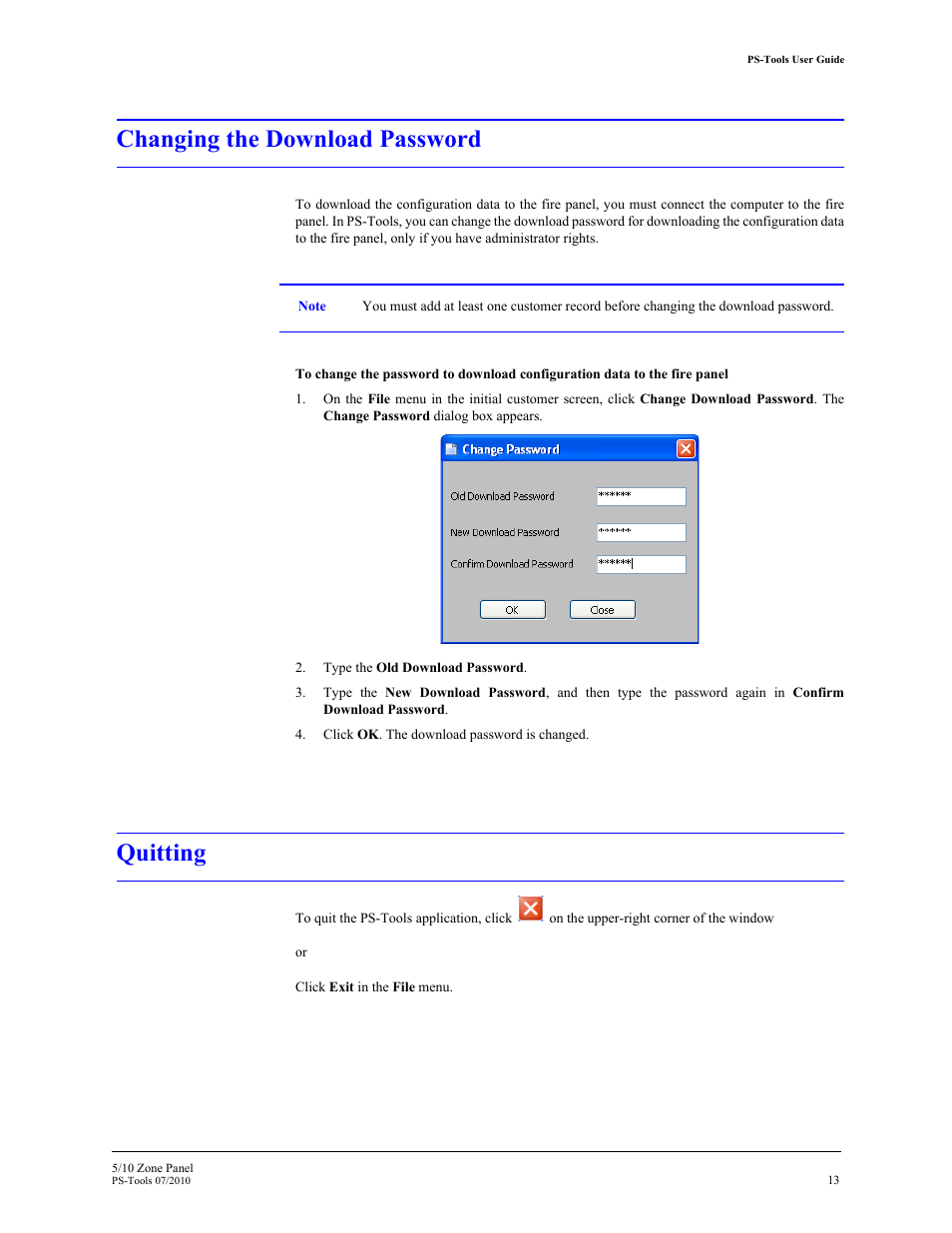 Changing the download password, Quitting | Fire-Lite PS-Tools 5UD/10UD User Manual | Page 23 / 92