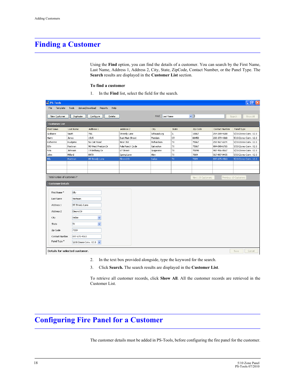Finding a customer, Configuring fire panel for a customer | Fire-Lite PS-Tools 5UD/10UD User Manual | Page 27 / 92