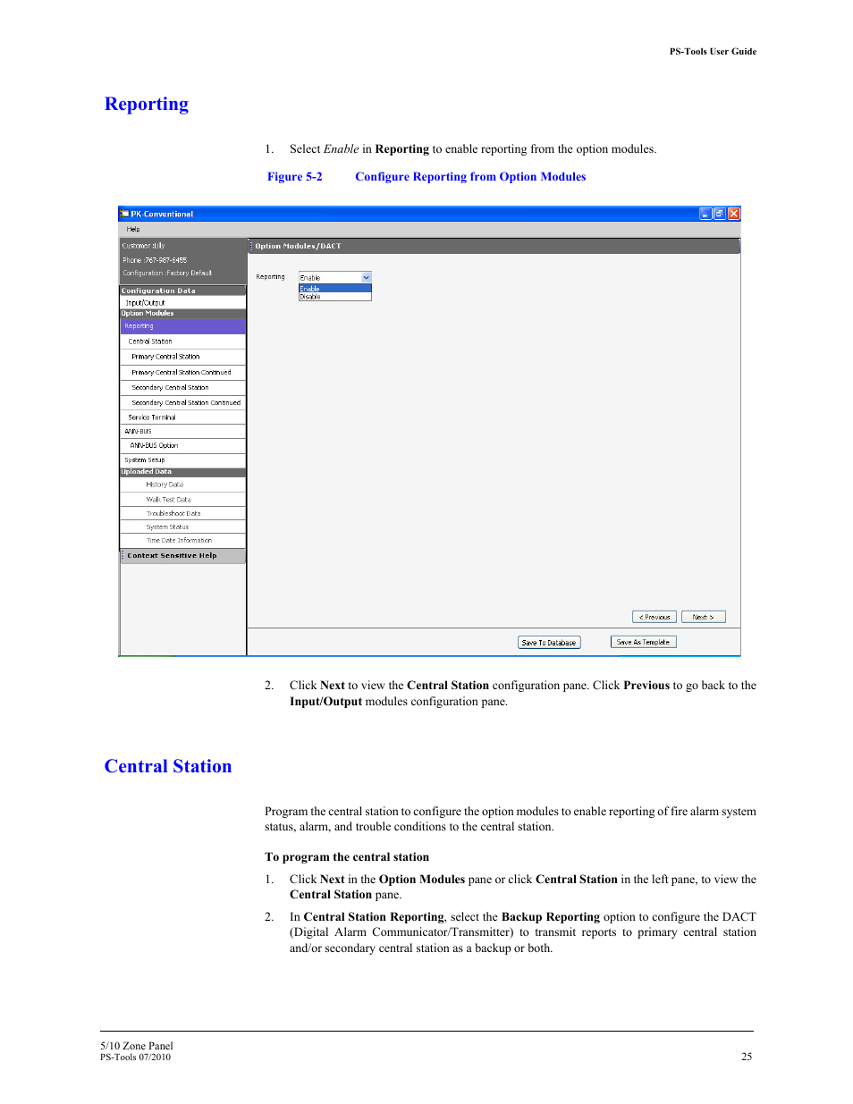 Reporting, Central station | Fire-Lite PS-Tools 5UD/10UD User Manual | Page 34 / 92