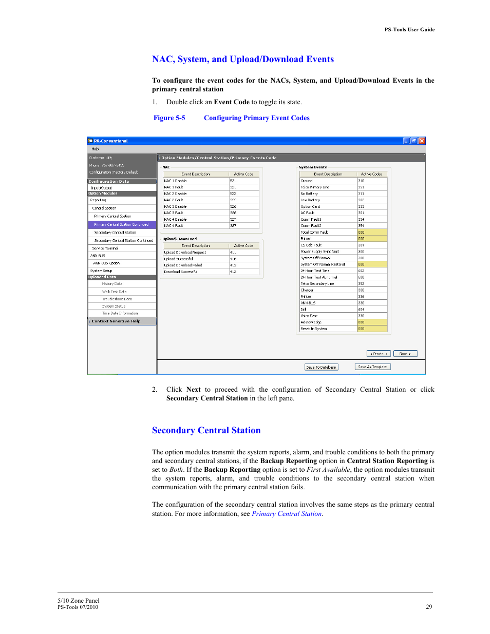 Nac, system, and upload/download events, Secondary central station | Fire-Lite PS-Tools 5UD/10UD User Manual | Page 38 / 92
