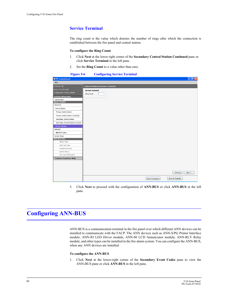 Configuring ann-bus, Service terminal | Fire-Lite PS-Tools 5UD/10UD User Manual | Page 39 / 92
