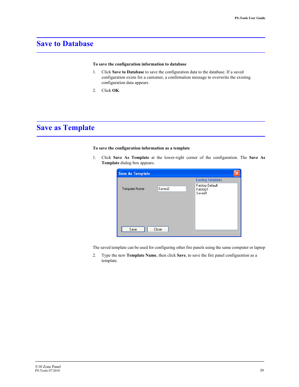 Save to database, Save as template | Fire-Lite PS-Tools 5UD/10UD User Manual | Page 48 / 92