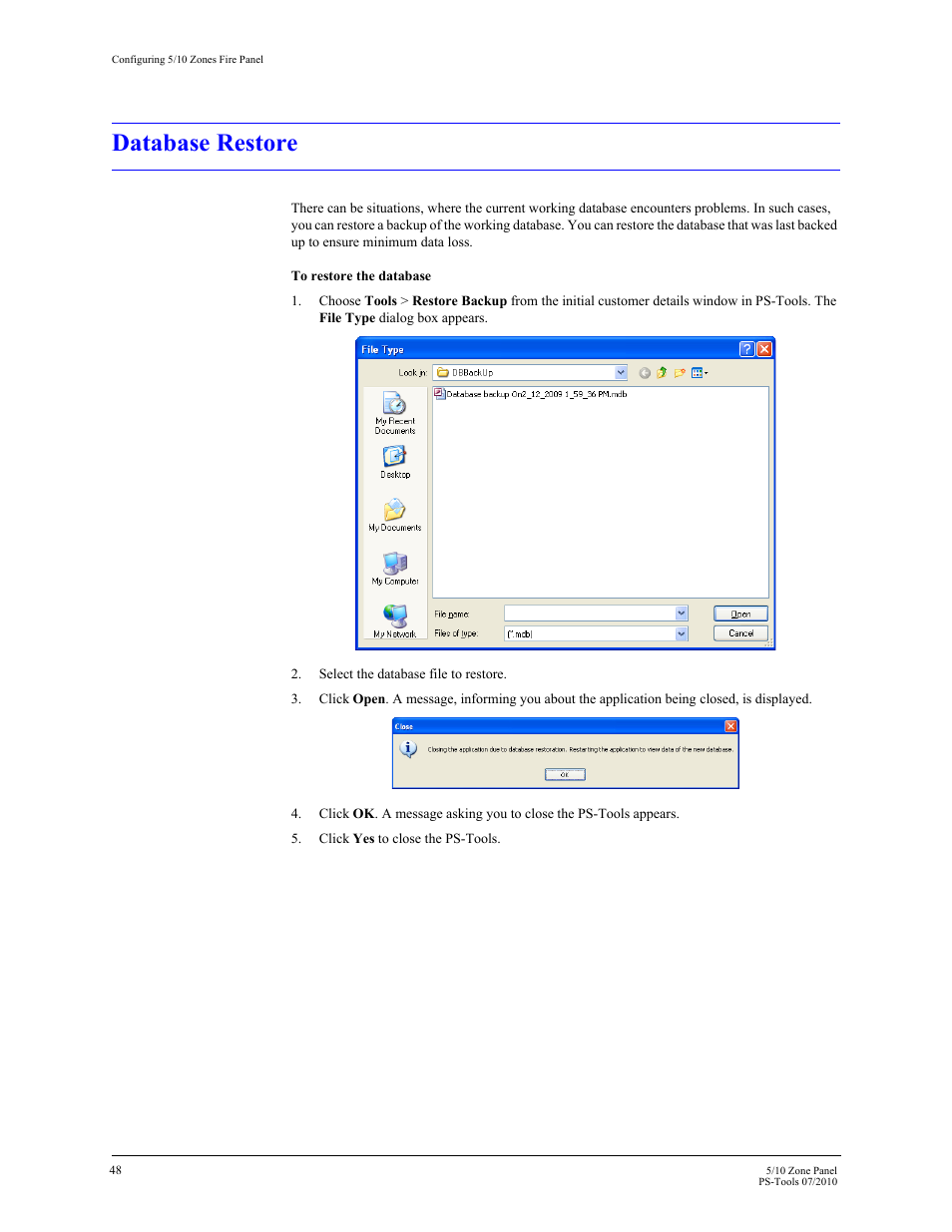 Database restore, 12 database restore | Fire-Lite PS-Tools 5UD/10UD User Manual | Page 57 / 92