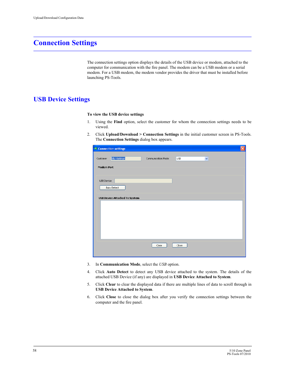 Connection settings, Usb device settings | Fire-Lite PS-Tools 5UD/10UD User Manual | Page 67 / 92