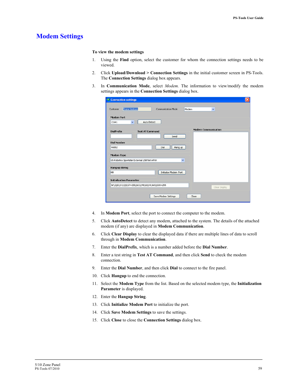 Modem settings | Fire-Lite PS-Tools 5UD/10UD User Manual | Page 68 / 92