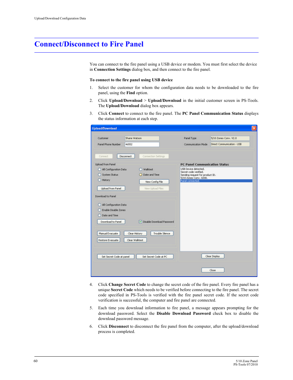 Connect/disconnect to fire panel | Fire-Lite PS-Tools 5UD/10UD User Manual | Page 69 / 92