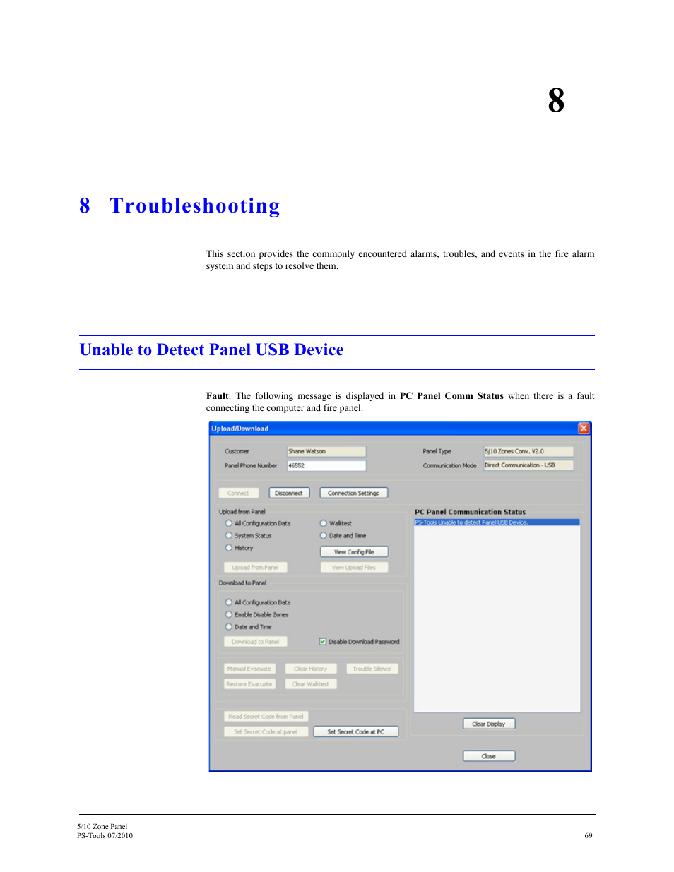8 troubleshooting, Unable to detect panel usb device, Troubleshooting | Fire-Lite PS-Tools 5UD/10UD User Manual | Page 78 / 92