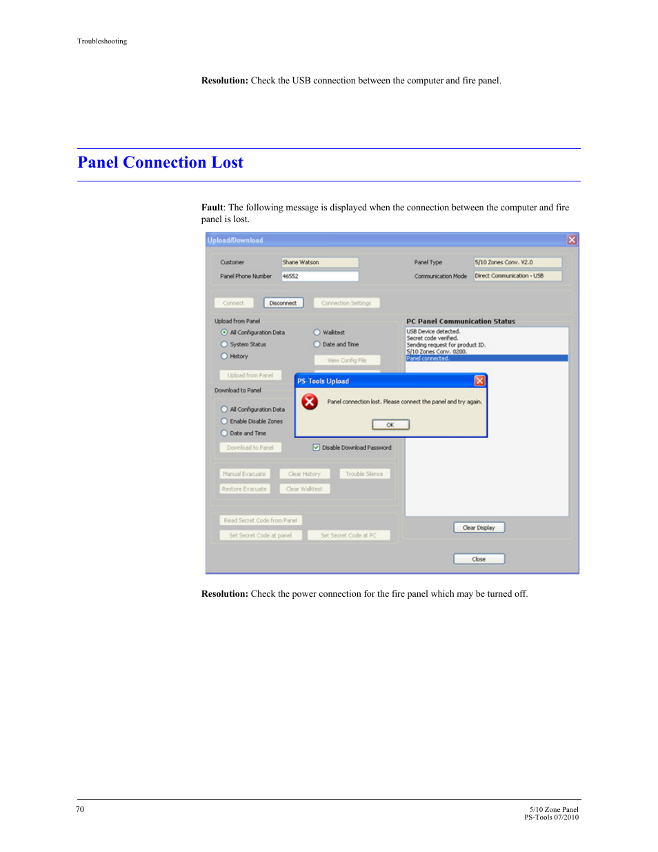 Panel connection lost | Fire-Lite PS-Tools 5UD/10UD User Manual | Page 79 / 92