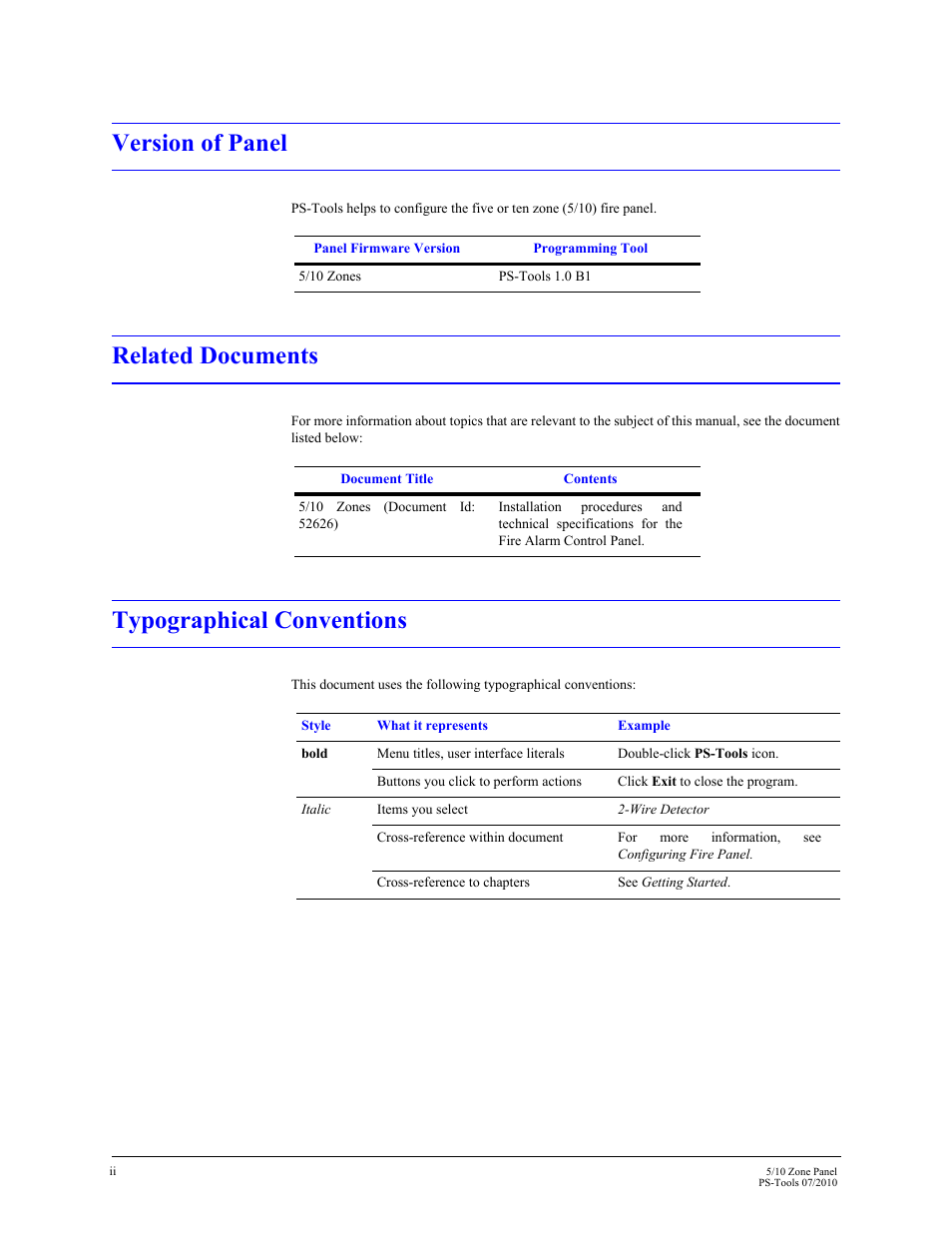 Version of panel, Related documents, Typographical conventions | Fire-Lite PS-Tools 5UD/10UD User Manual | Page 8 / 92
