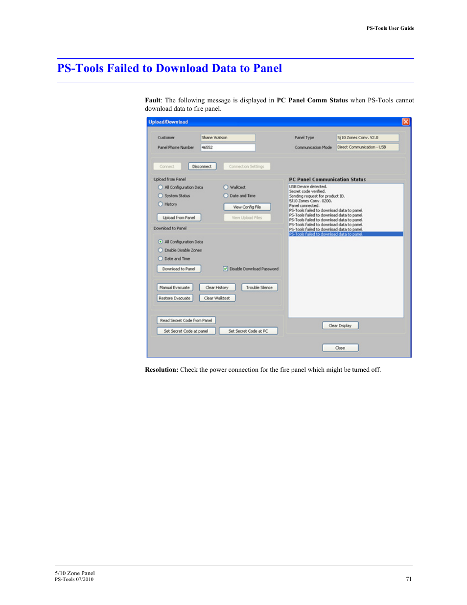 Ps-tools failed to download data to panel | Fire-Lite PS-Tools 5UD/10UD User Manual | Page 80 / 92