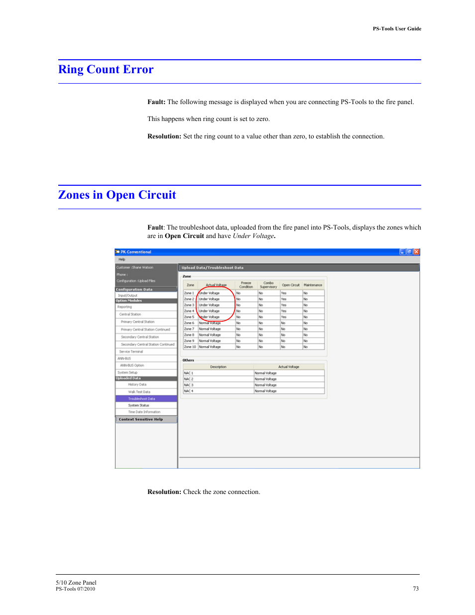 Ring count error, Zones in open circuit | Fire-Lite PS-Tools 5UD/10UD User Manual | Page 82 / 92