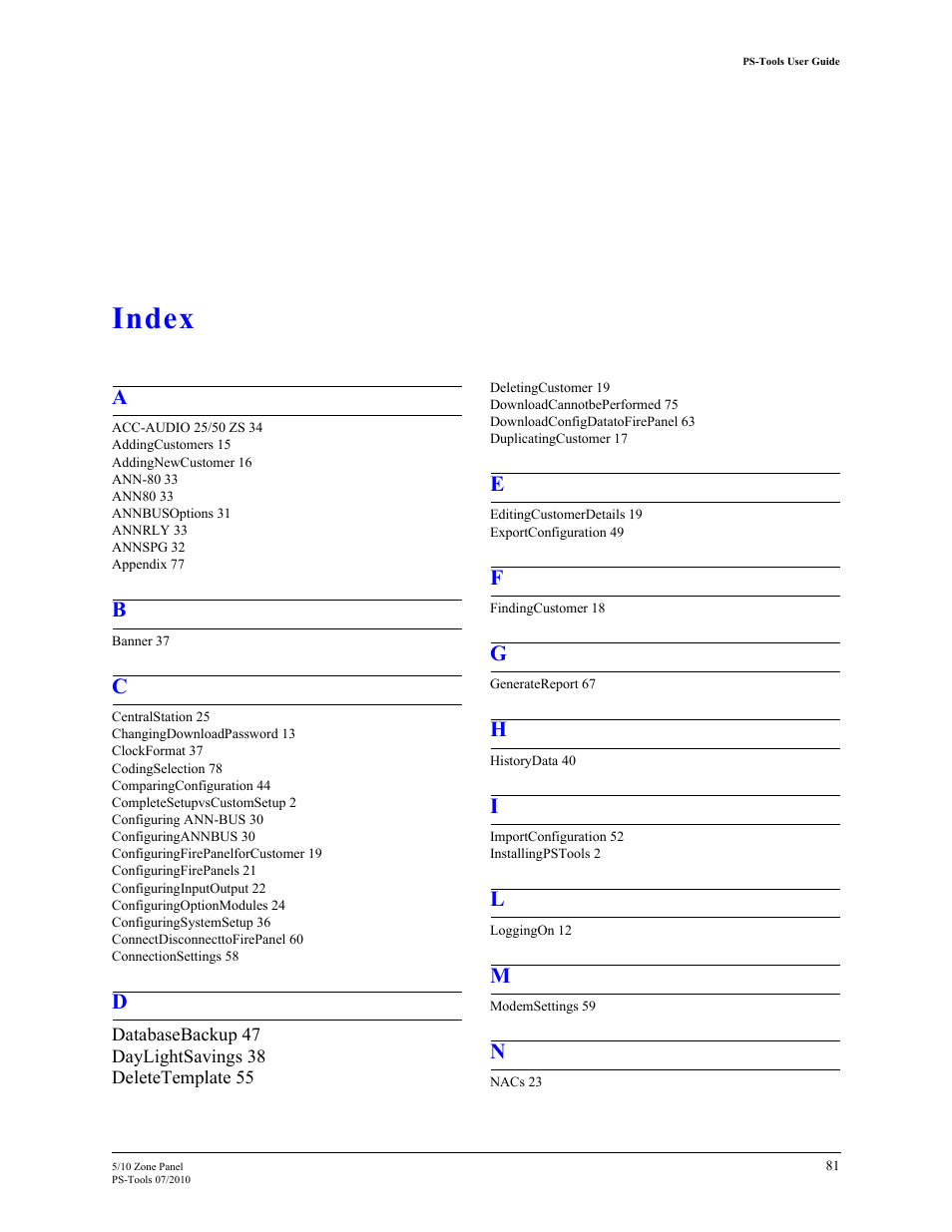 Index | Fire-Lite PS-Tools 5UD/10UD User Manual | Page 91 / 92