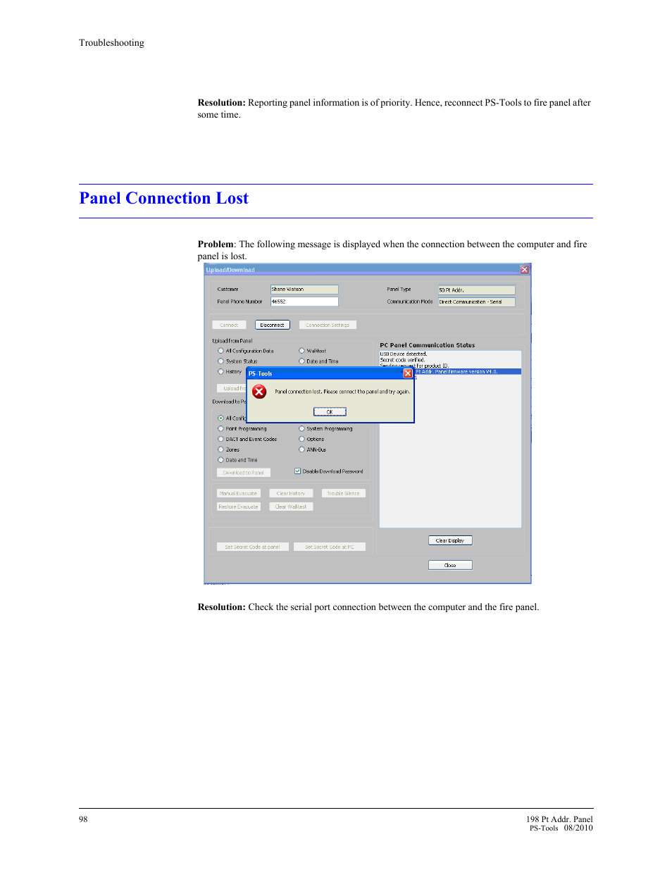 Panel connection lost | Fire-Lite PS-Tools MS-9200UDLS User Manual | Page 103 / 112