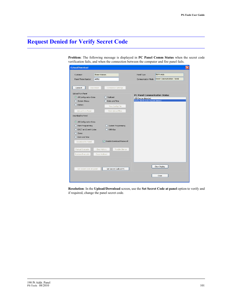 Request denied for verify secret code | Fire-Lite PS-Tools MS-9200UDLS User Manual | Page 106 / 112