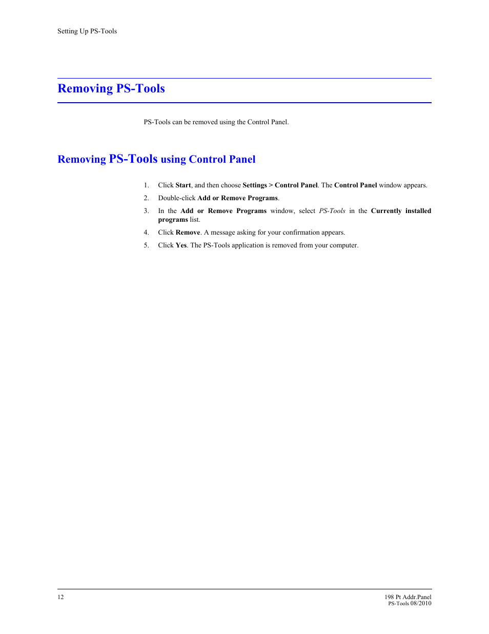 Removing ps-tools, Removing ps-tools using control panel, Ps-tools | Removing, Using control panel | Fire-Lite PS-Tools MS-9200UDLS User Manual | Page 20 / 112