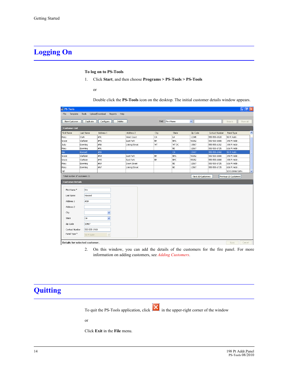 Logging on, Quitting | Fire-Lite PS-Tools MS-9200UDLS User Manual | Page 22 / 112