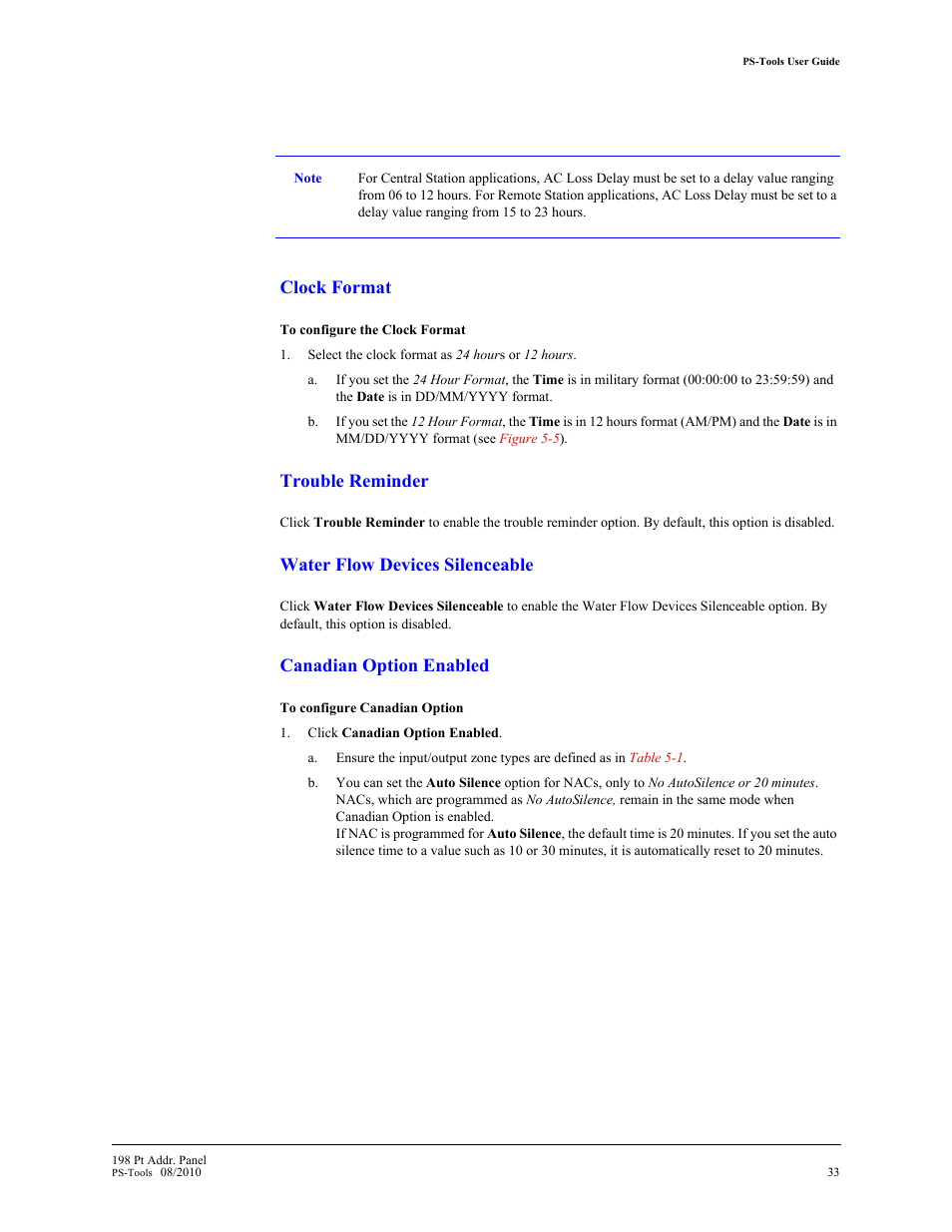 Clock format, Trouble reminder, Water flow devices silenceable | Canadian option enabled | Fire-Lite PS-Tools MS-9200UDLS User Manual | Page 41 / 112