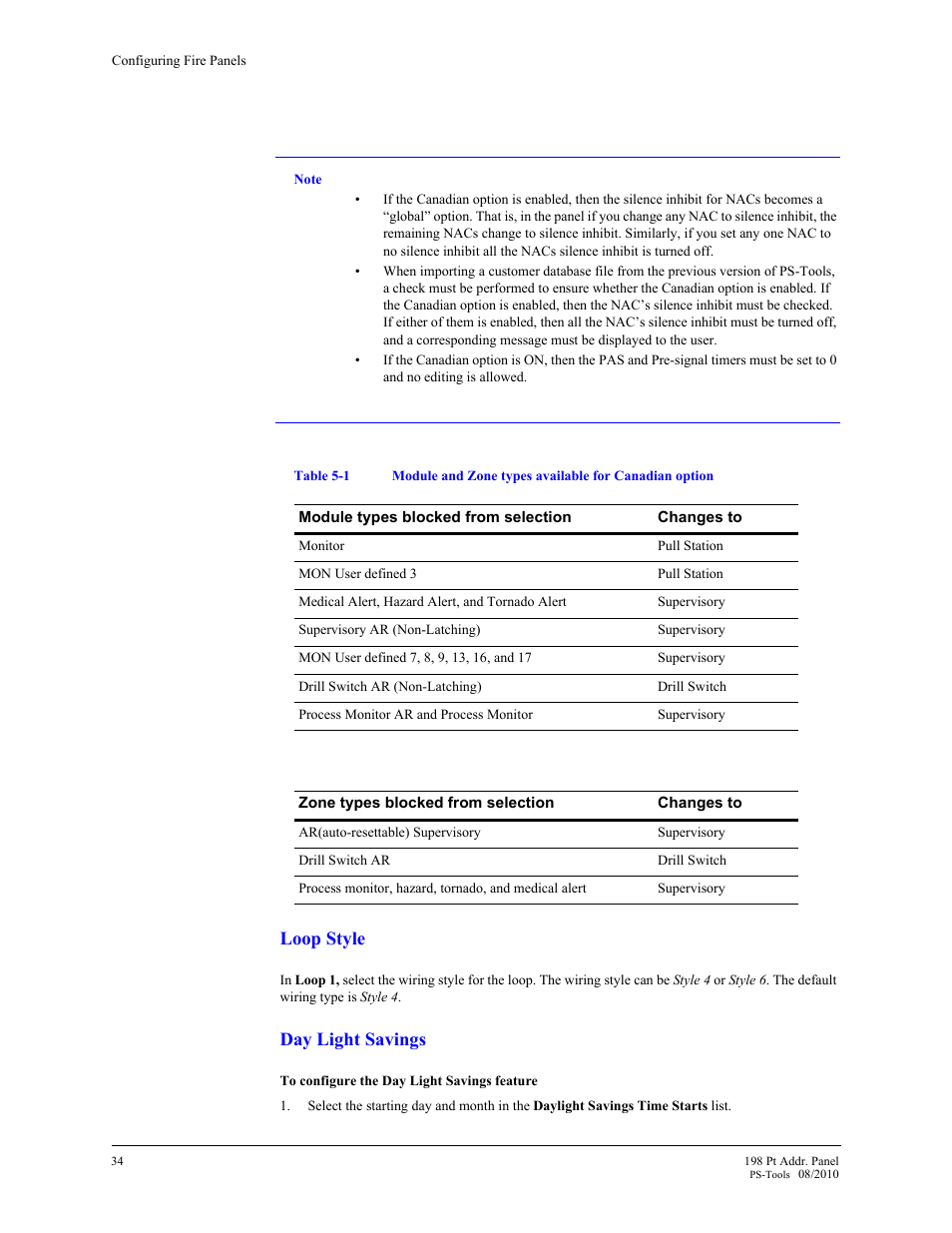 As in, Table 5-1, Loop style | Day light savings | Fire-Lite PS-Tools MS-9200UDLS User Manual | Page 42 / 112