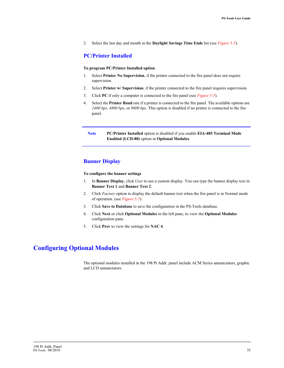 Configuring optional modules, Nal modules (see, Pc/printer installed | Banner display | Fire-Lite PS-Tools MS-9200UDLS User Manual | Page 43 / 112