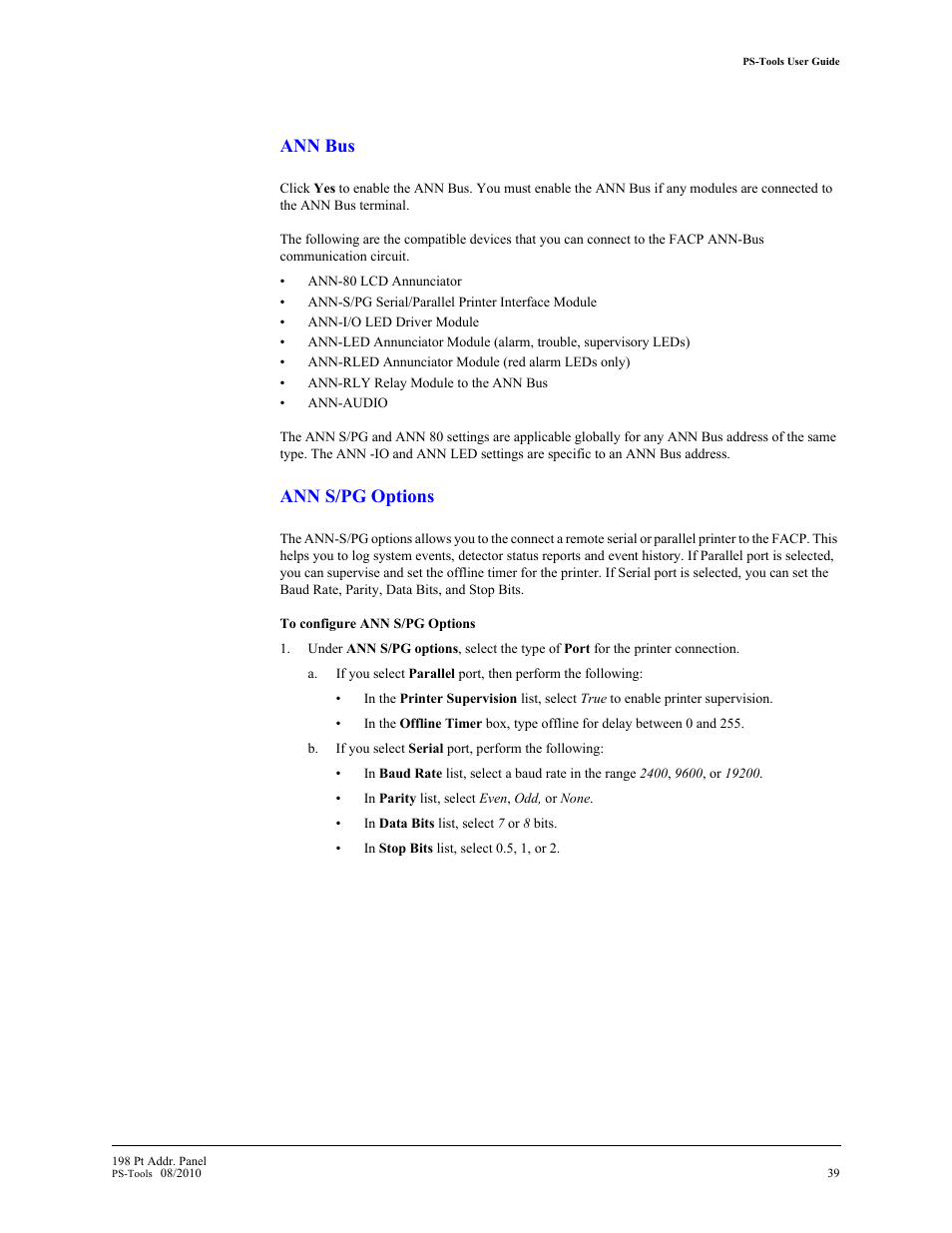 Ann bus, Ann s/pg options | Fire-Lite PS-Tools MS-9200UDLS User Manual | Page 47 / 112