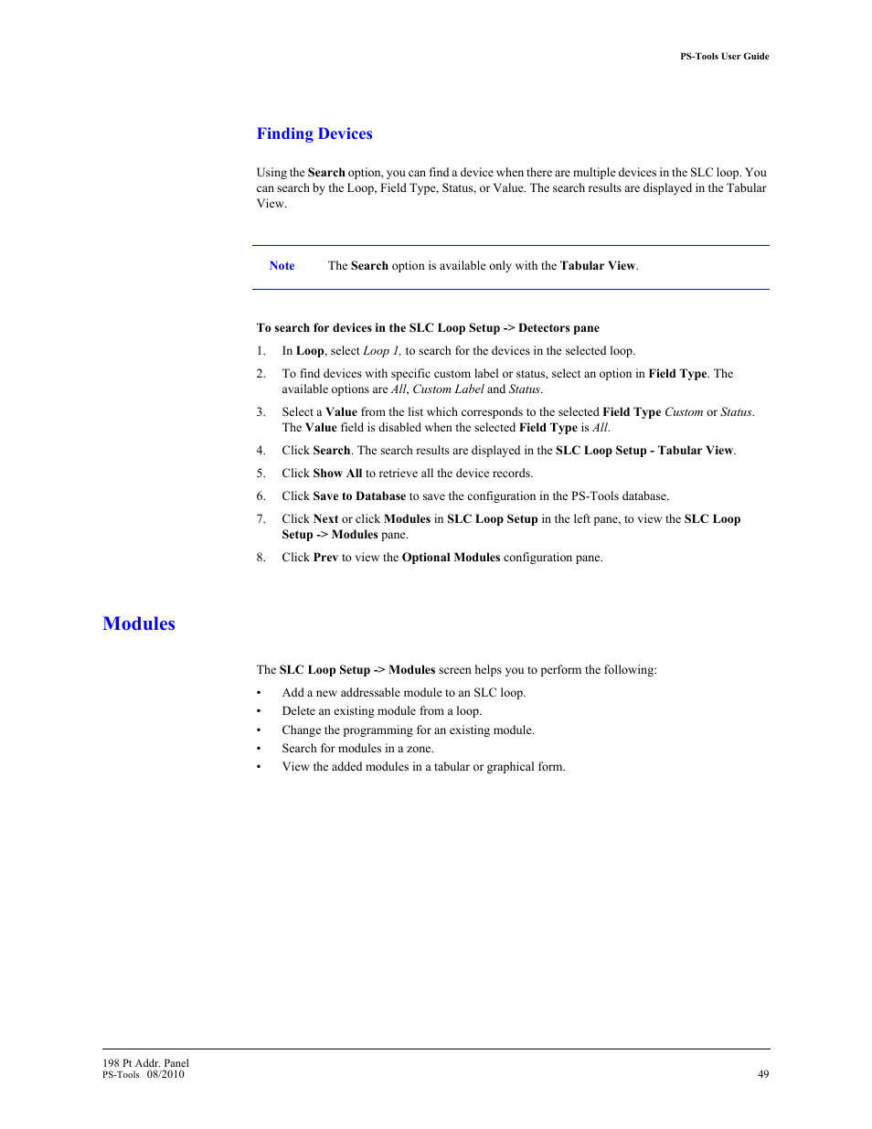 Modules, Modules (see, Finding devices | Fire-Lite PS-Tools MS-9200UDLS User Manual | Page 57 / 112