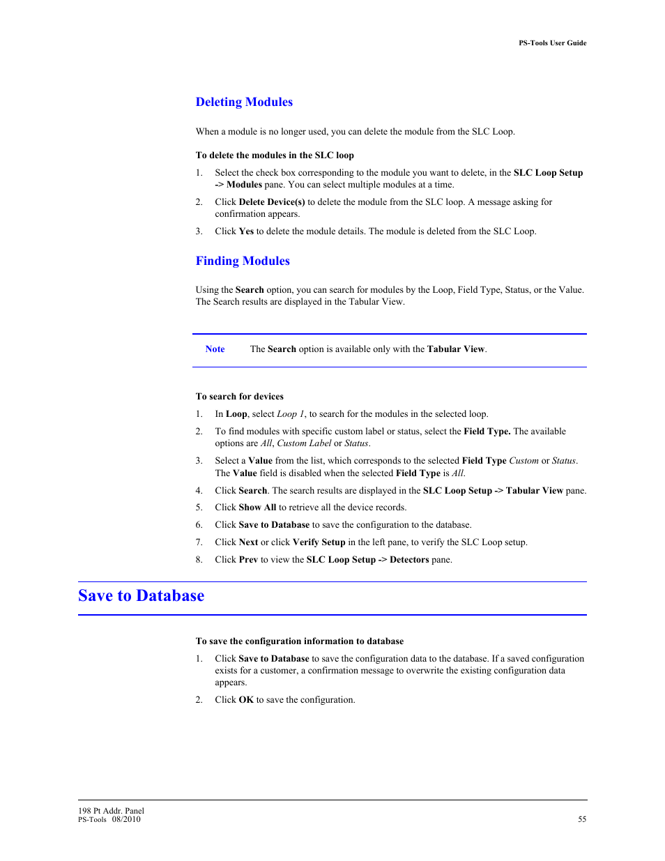 Save to database, Deleting modules, Finding modules | Fire-Lite PS-Tools MS-9200UDLS User Manual | Page 63 / 112