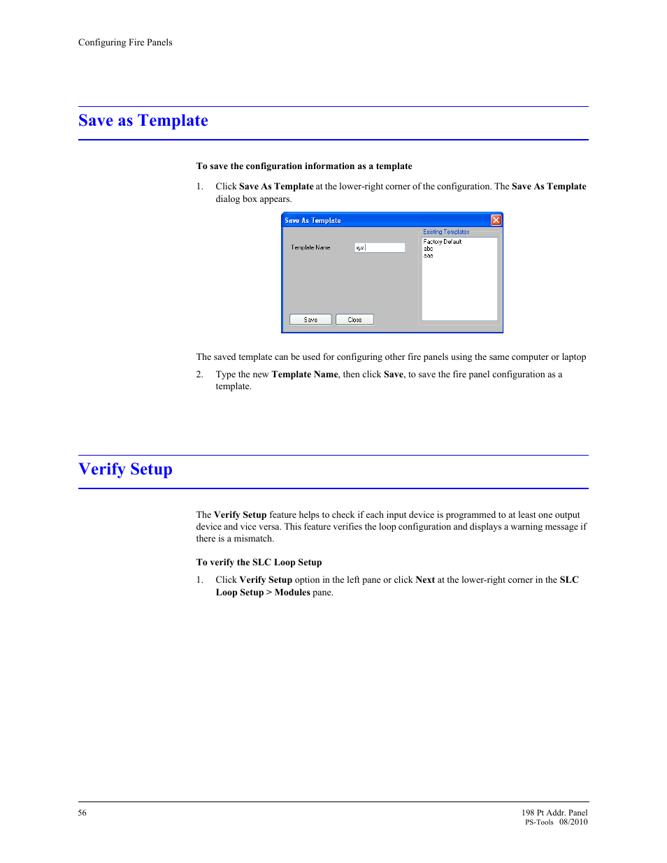 Save as template, Verify setup | Fire-Lite PS-Tools MS-9200UDLS User Manual | Page 64 / 112