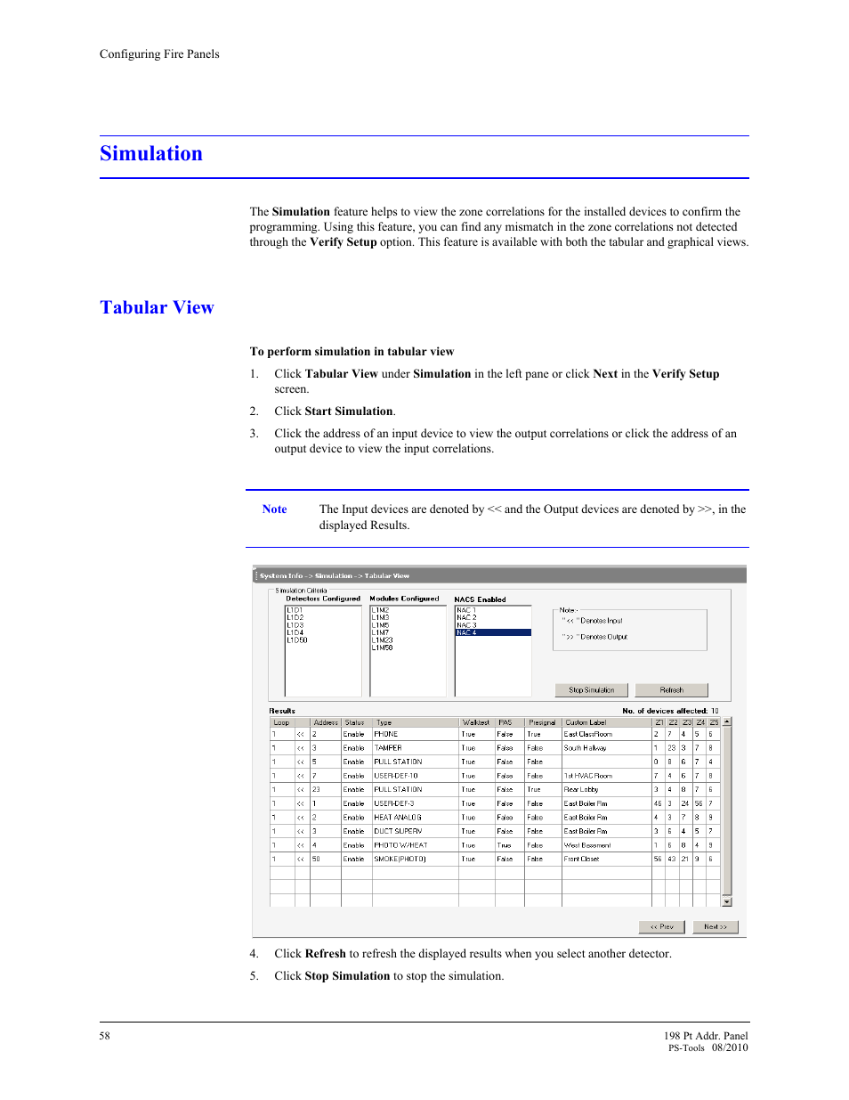 Simulation, Tabular view | Fire-Lite PS-Tools MS-9200UDLS User Manual | Page 66 / 112