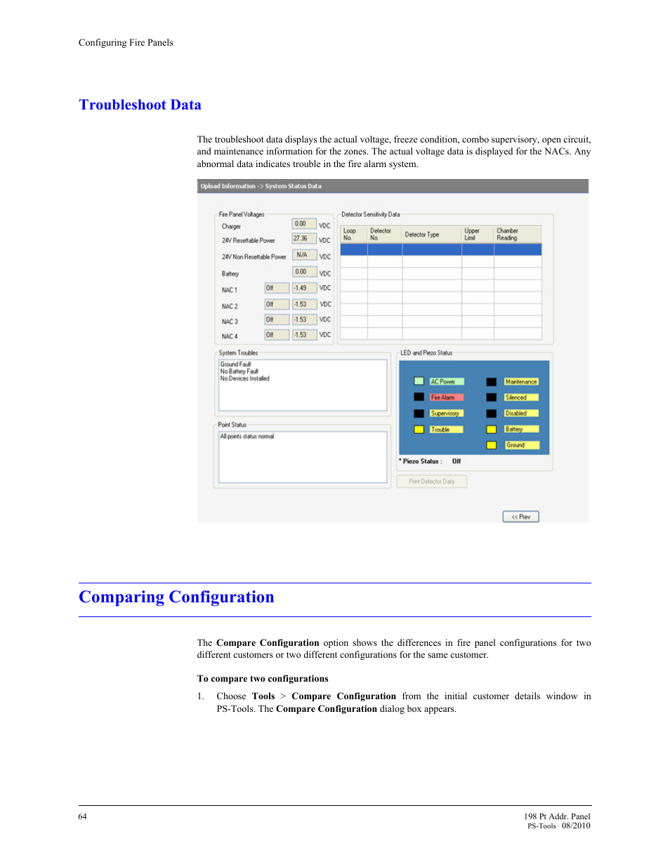Troubleshoot data, Comparing configuration, 10 comparing configuration | Fire-Lite PS-Tools MS-9200UDLS User Manual | Page 72 / 112